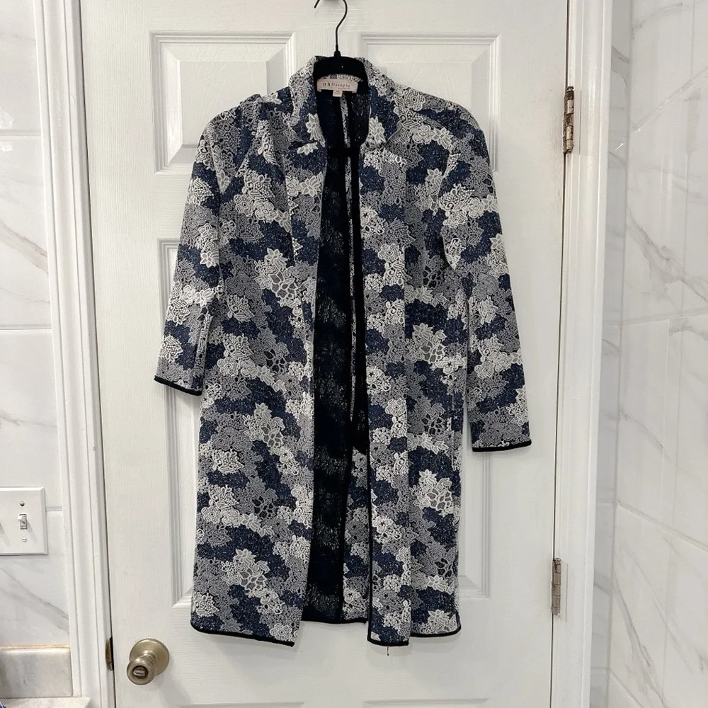 Philosophy Blue and White Floral Open-Front Long Knit Cardigan - Picture 1 of 6